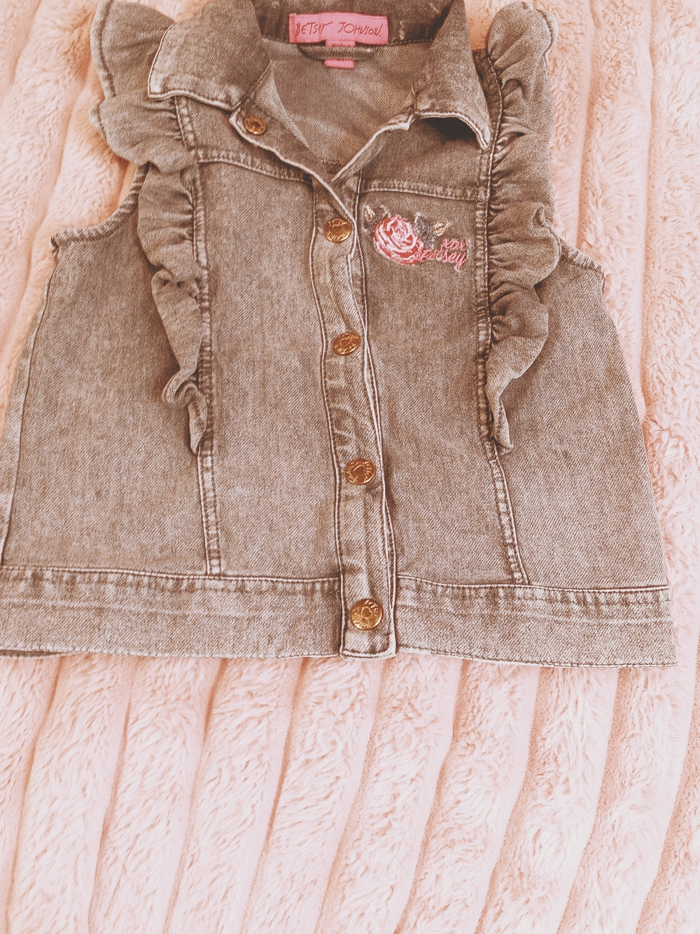 Betsey Johnson Grey Denim Ruffle Vest with Pink Rose Patch